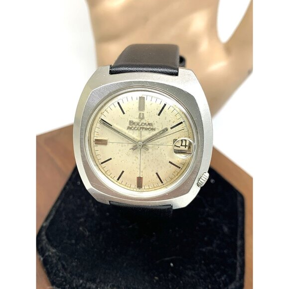 Bulova Accutron Men's Watch Vintage 1971 Quartz Silver Dial Black Leather Band - Picture 1 of 13